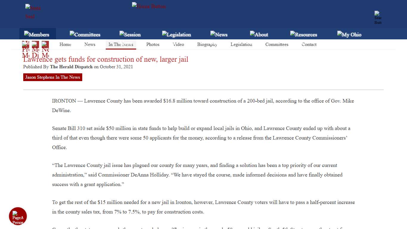 Lawrence gets funds for construction of new, larger jail Jason Stephens Ohio House of Representatives
